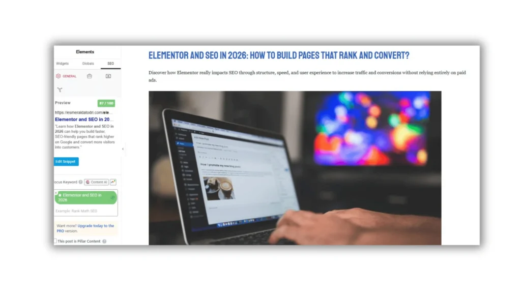 Professional workspace analyzing Elementor and SEO in 2026 with website speed metrics, performance optimization, and user experience improvements.