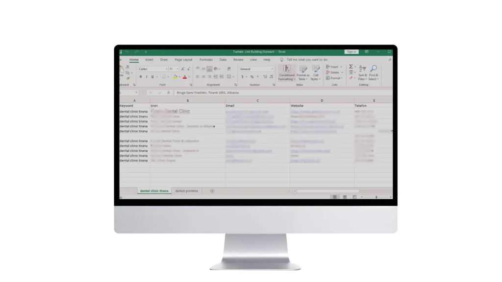 A professional SEO link building outreach spreadsheet displayed on a desktop monitor mockup,showing a categorized database of dental clinics for prospecting and lead generation.
